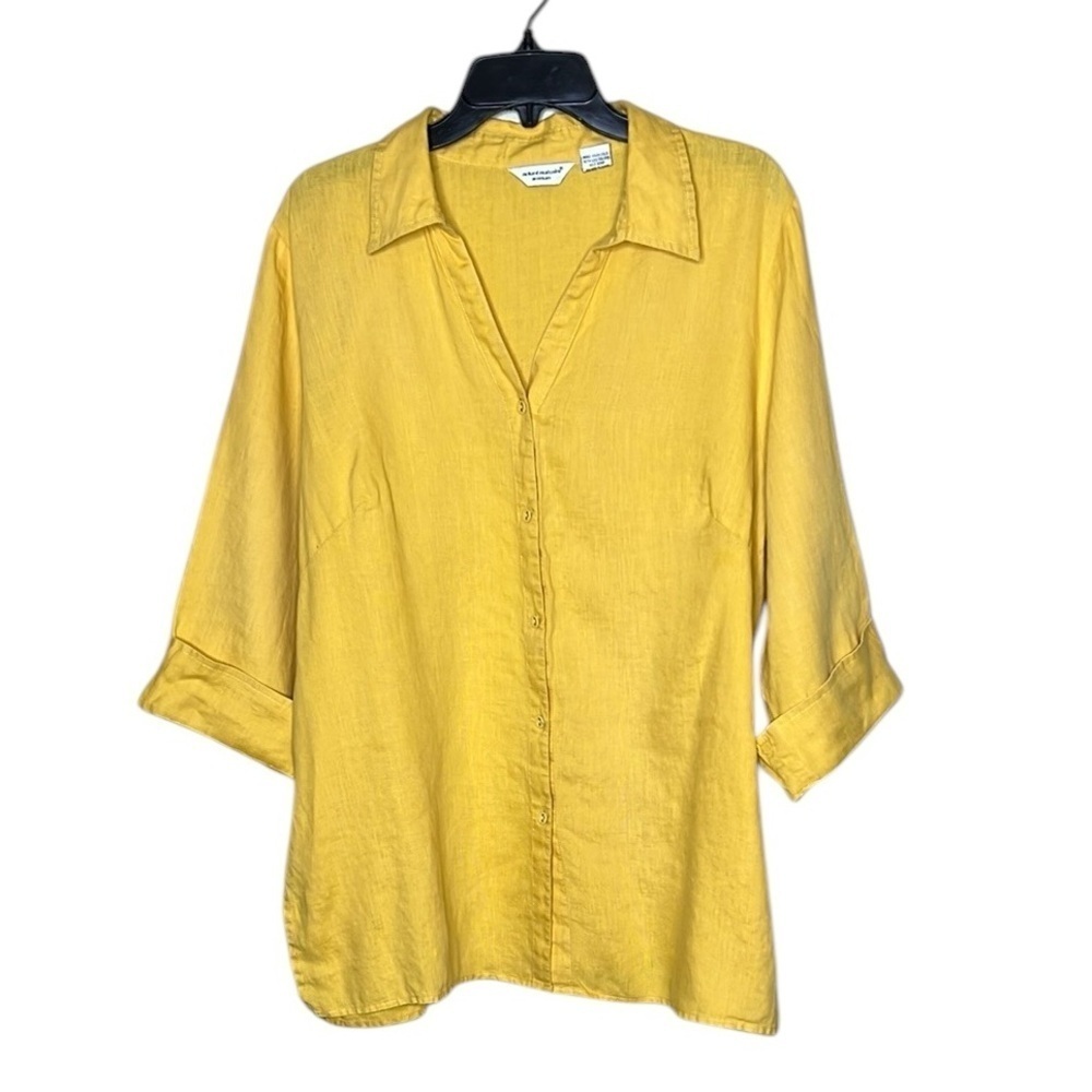 Richard Malcom Yellow 100% Linen V-Neck Button-Up Women's Top